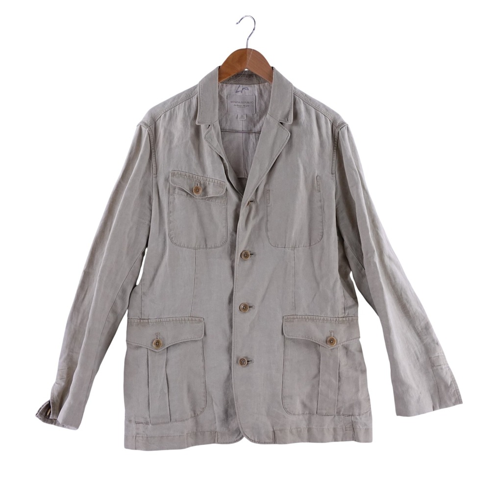 Banana Republic Mens 44R Linen Safari Field Jacket Tan Khaki 4-Pocket Blazer
